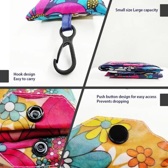 6 pcs Reusable Foldable Grocery Shopping Bags with Flower Patterns, Waterproof, - Picture 7 of 7